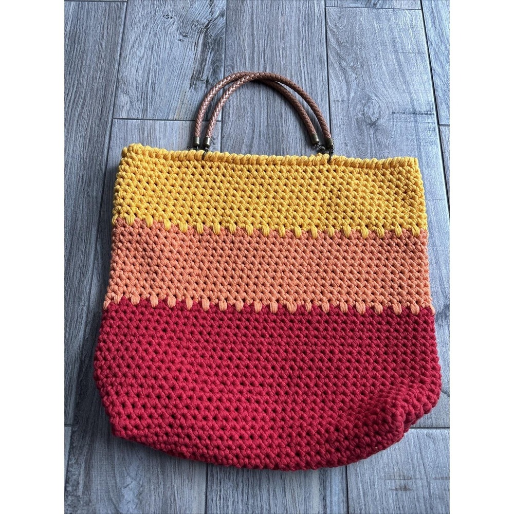 Handmade Crochet Tote Bag Large Multicolor Boho Retro Sunset Colorblock‎ Knit